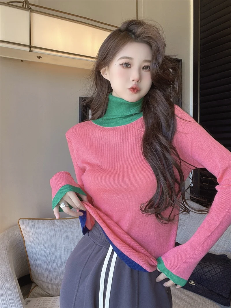 

Корейский шикарный вязаный свитер с высоким вырезом, уникальный цветной блуз, повседневный универсальный базовый слой, осенне-зимний женский топ