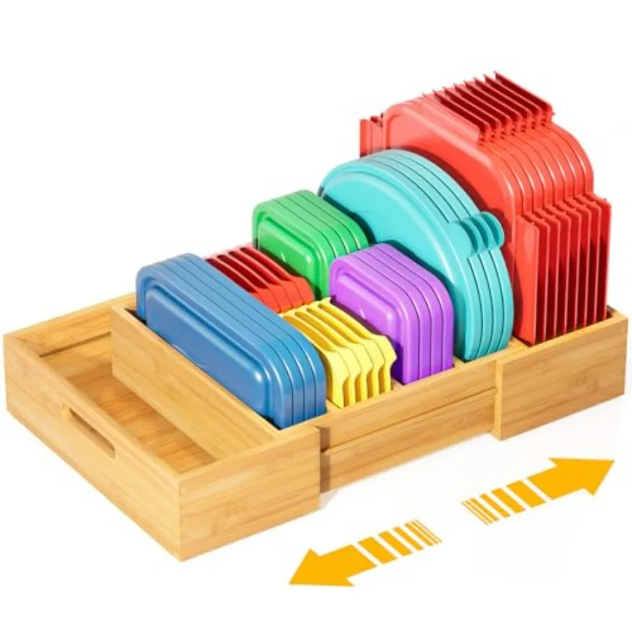 

Expandable Bamboo Lid Organizers Inside Cabinet, Kitchen Cabinet Organizers with 3 Adjustable Dividers, Storage Plastic Lids, F