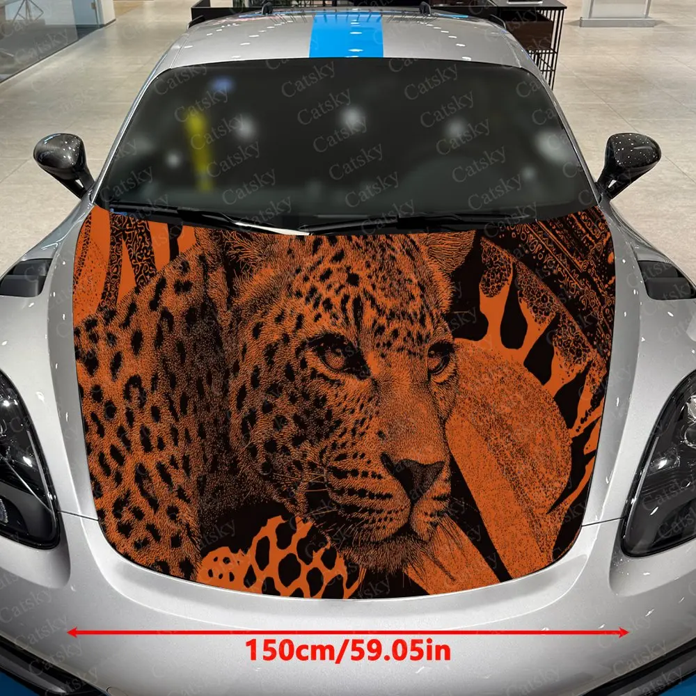 Car Decal Leopard with Orange Artistic Fusion in Edgy Splatter Design, Creating a Bold and Rebellious Visual Car Hood Sticker, W