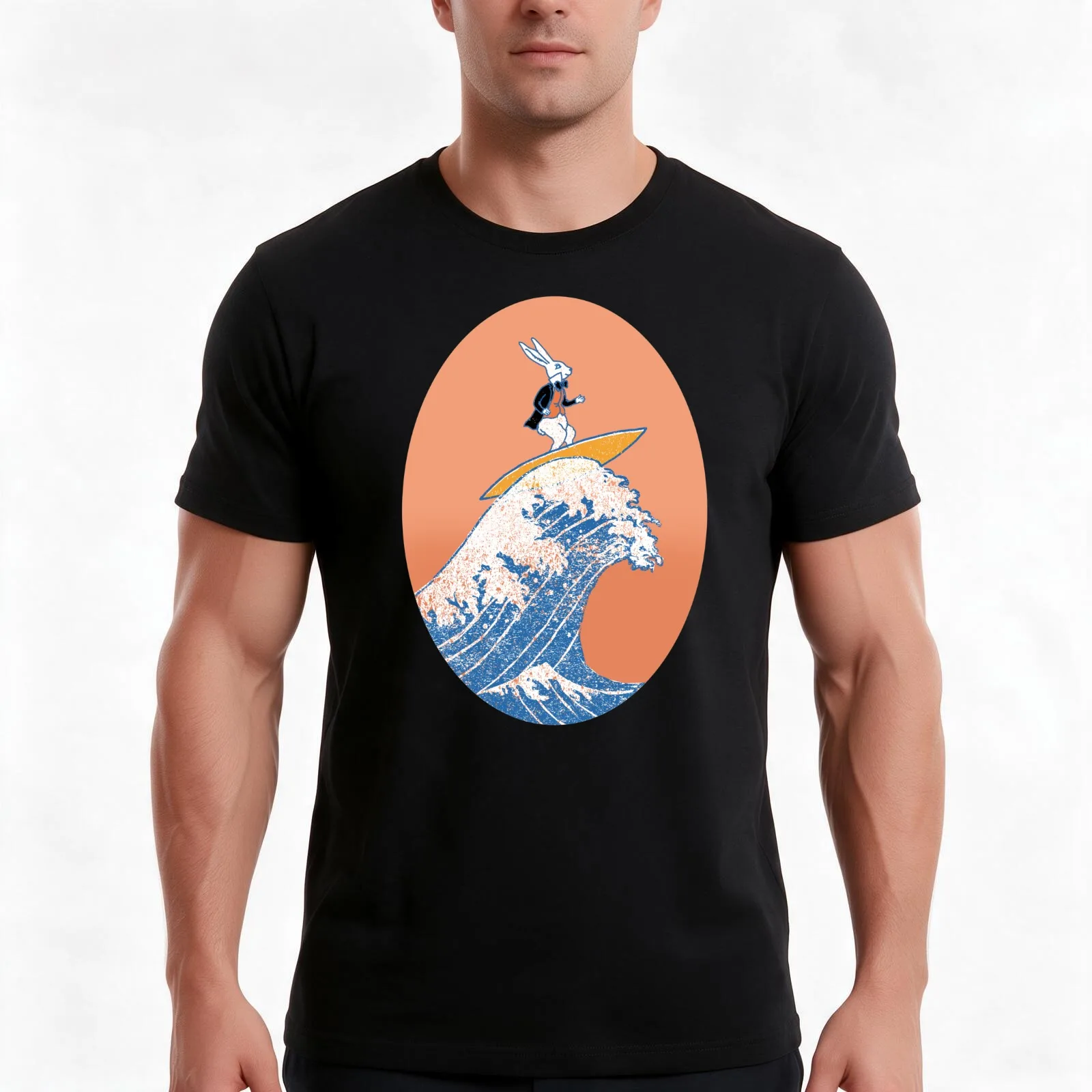White Rabbit Surfing T-Shirt, Summer Casual Cotton Tee, Oversized Streetwear Tops, Vintage Graphic Print, Loose Fit Short Sleeve