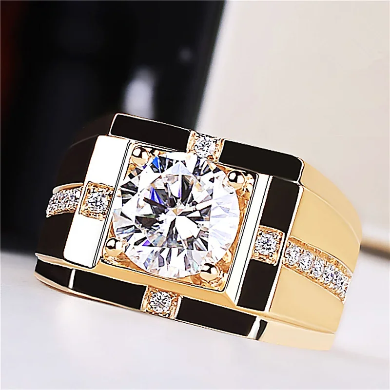 Luxurious men's fashionable business wide face synthetic zircon ring golden ring laboratory made men's and women's gorgeous ring