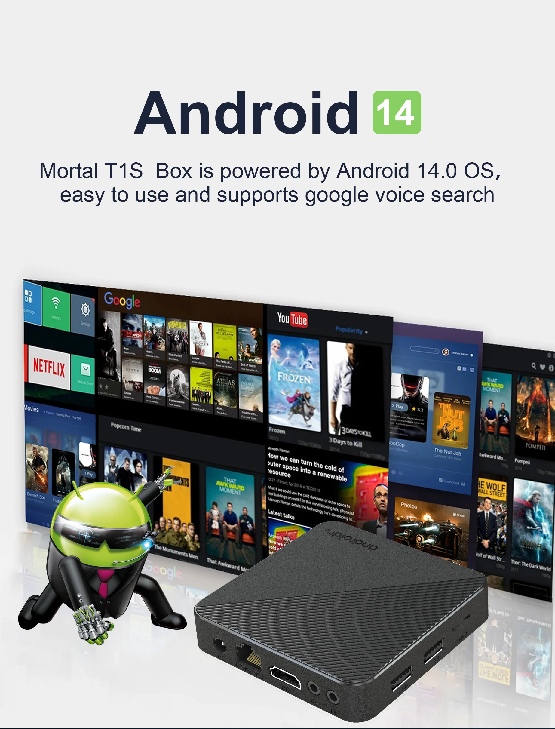 LVMAO Android 14 TV Box T1S Allwinner H313 Google Voice HDR 10 4K 2.4G/5G WiFi LAN BT5 Video Set Top Box Decode And Play 24Fps