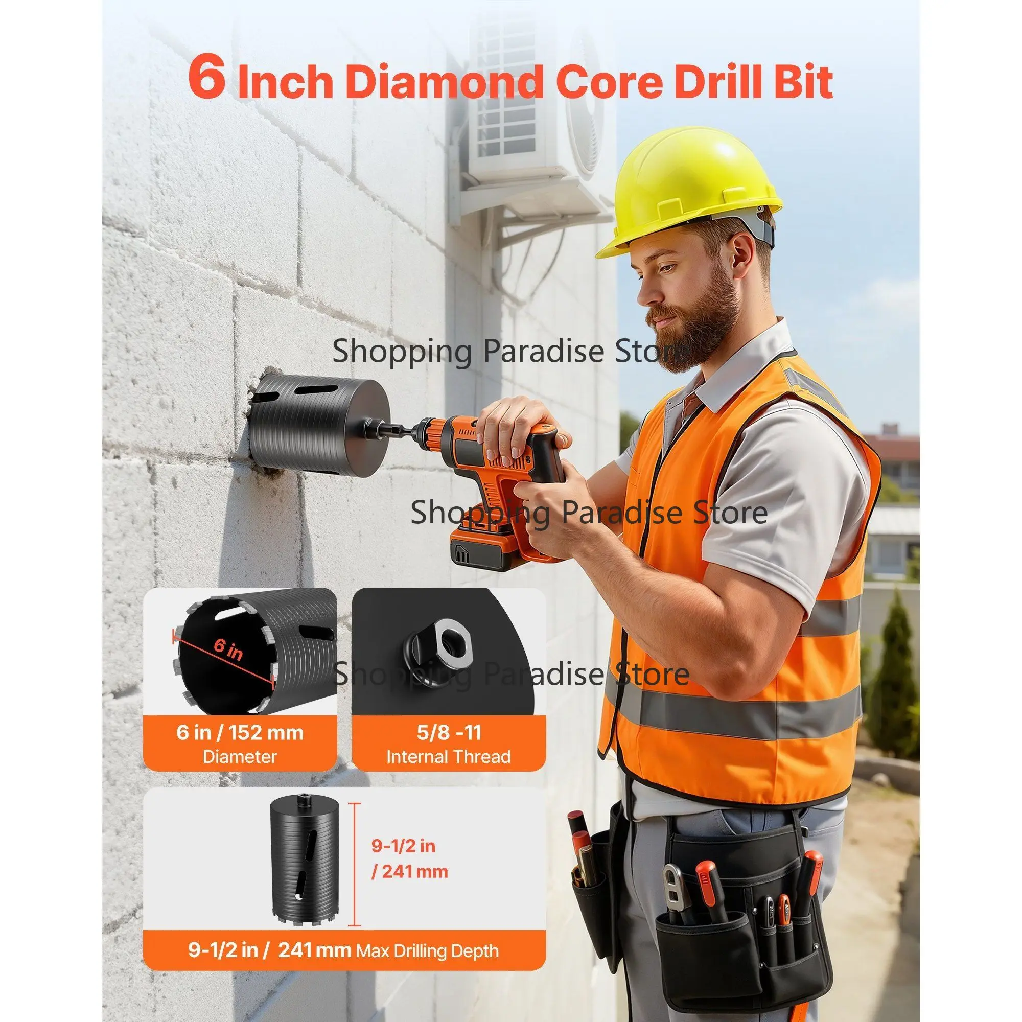 6-Inch Diameter Dry Coring Dia-mond Drill Bit 9-1/2 Inch Drilling Depth 5/8-11 Internal Thread 3 Drill for Masonry Concrete