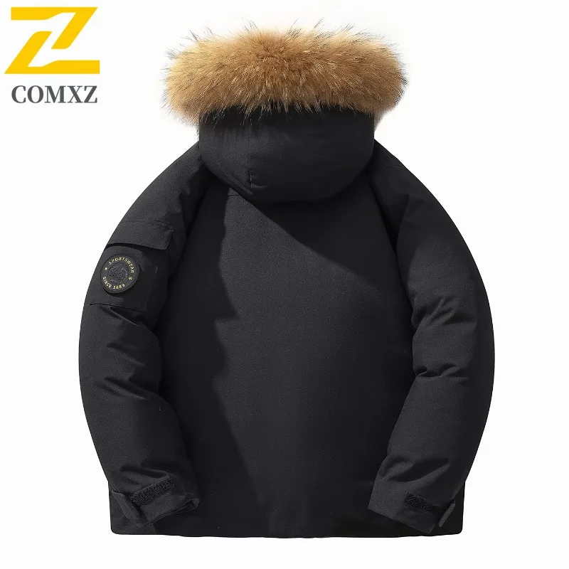 COMXZ سترة شتوية للرجال والنساء ريترو خفيفة الوزن دافئة منفوش بياقة من الفرو معطف أبيض مبطن للتزلج على الجليد مع قلنسوة سترات منتفخة #2