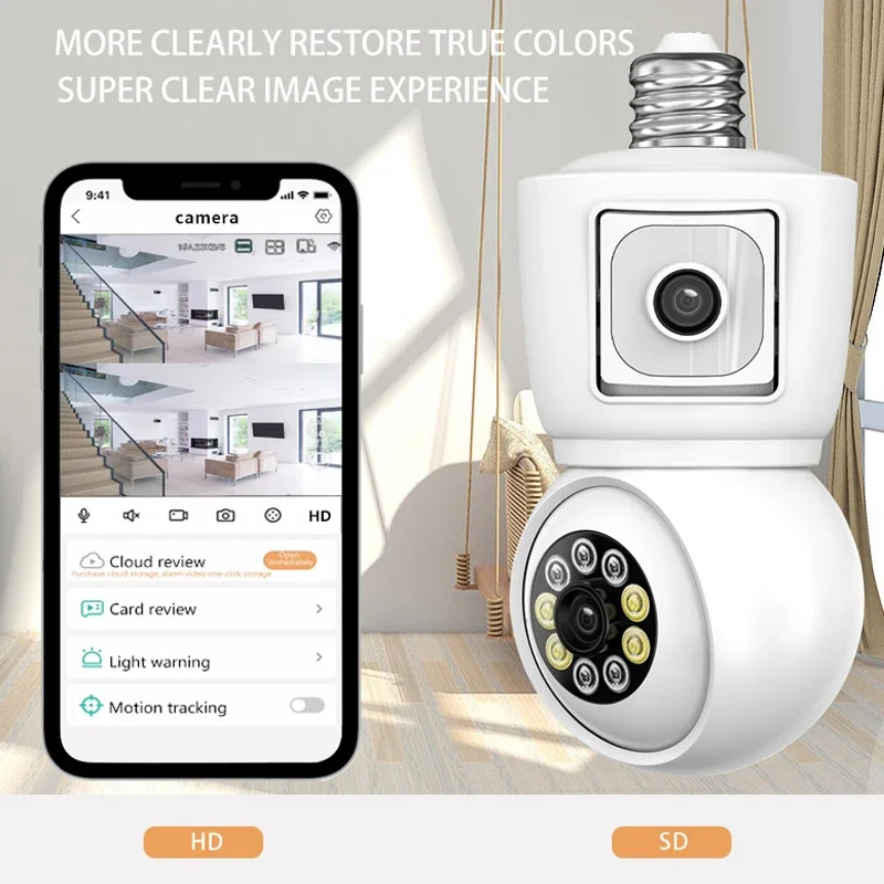 ICSEE 4K 8MP E27 Bulb WiFi Camera Dual Lens Dual Screen Auto Tracking Two Way Audio Color Night Vision 4MP Surveillance Camera