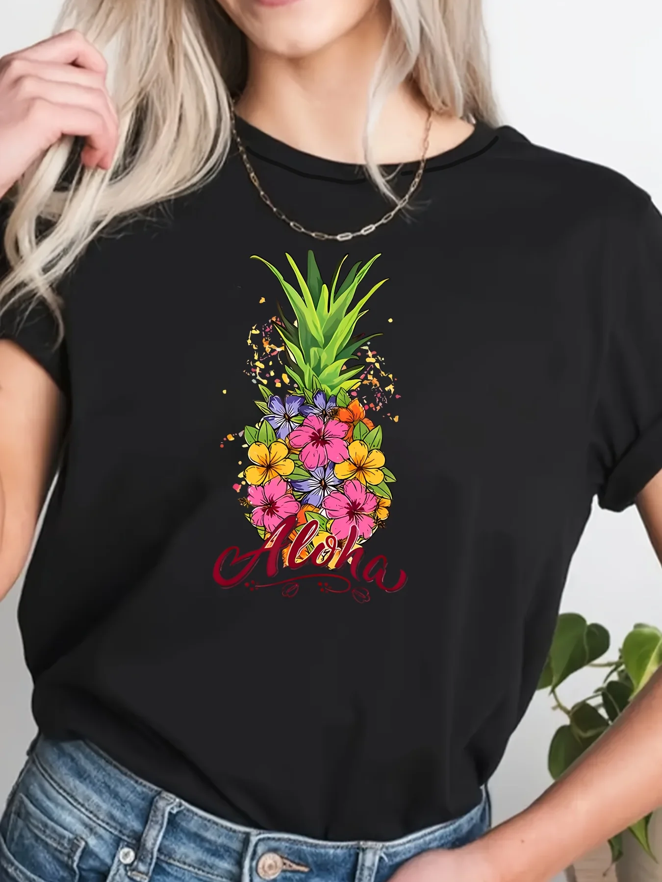 Colorful Pineapple & Floral Print Casual T-Shirt, Round Neck Short Sleeves Versatile Sports Tee, Women's Comfy Tops