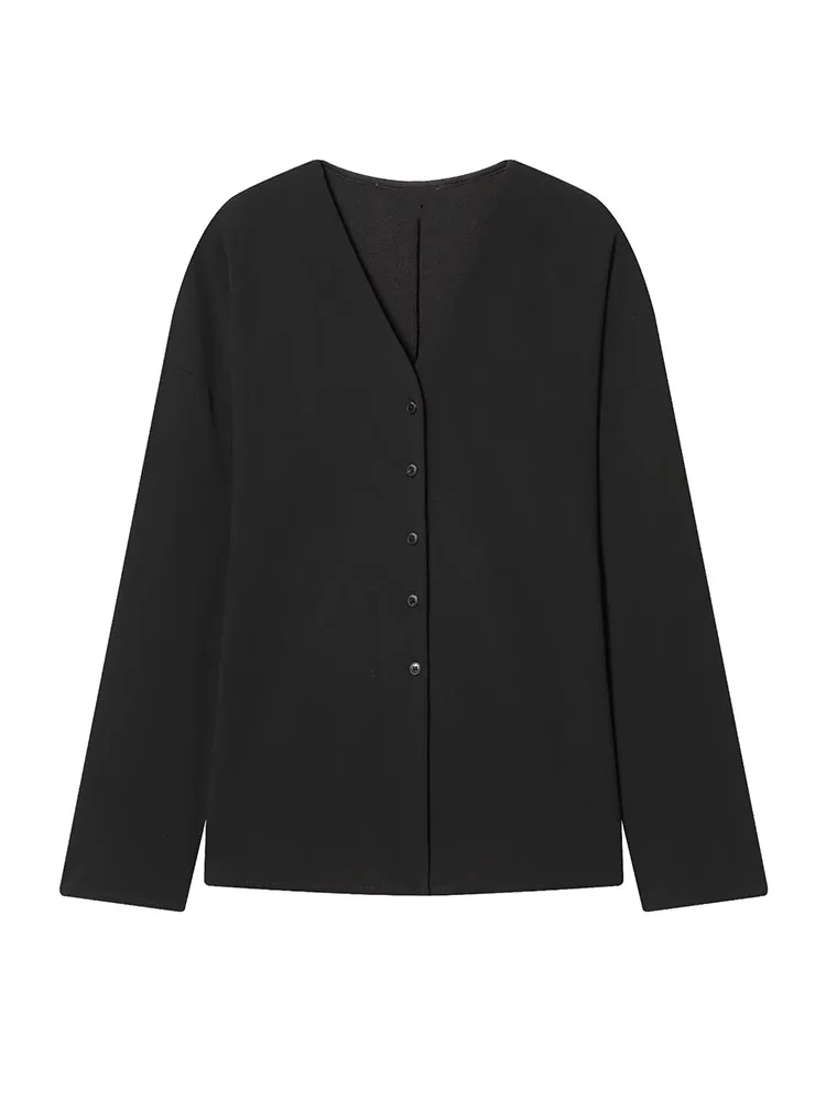 

HH Женский весенний новый модный топ с v-образным вырезом, тонкий черный топ на пуговицах спереди с длинными рукавами, женский элегантный однобортный свободный повседневный топ