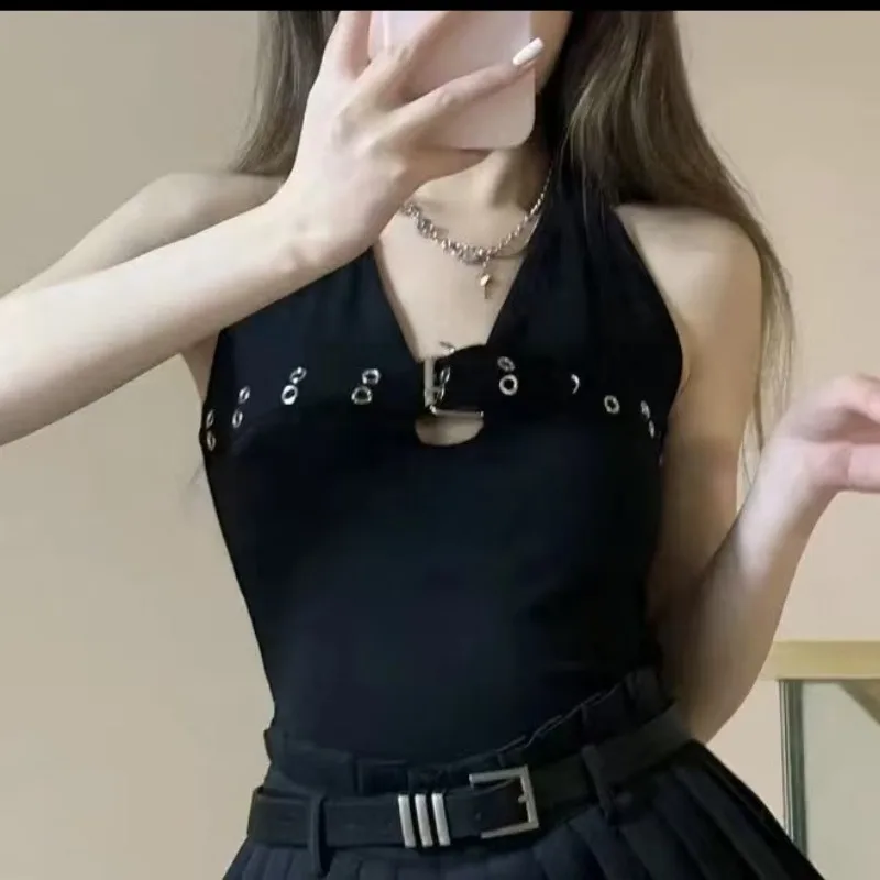 Summer Sexy Y2K Halter Neck Crop Top Women's Backless Cami Vest with Metal Buckle Clubwear Bustier Tops Sleeveless Tank Top 2025