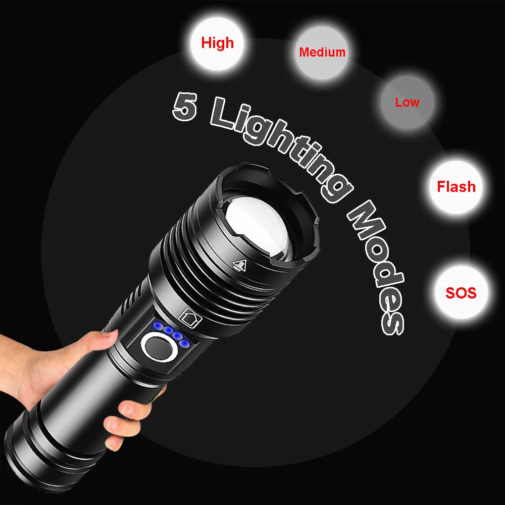 99000000LM XHP200 High Power LED Flashlight Type-C USB Rechargeable Outdoor Waterproof Light Tactical 18650 Zoom Bike Torch 100W