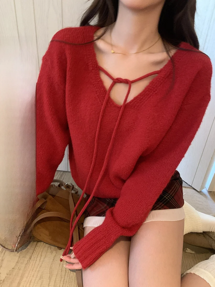 

Sinbounboun Cisas Red Double-Sided Wear V-Ne Knitted Sweater Women's Bal Wrap-Front Loose Fit Autumn Winter Sweater