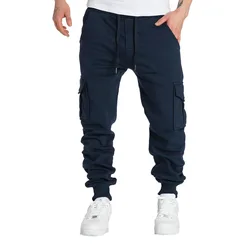 Moda nuevo Otoño Invierno hombres ocio deportes al aire libre multi-bolsillo color sólido tirado lana tipo recto pantalones cargo