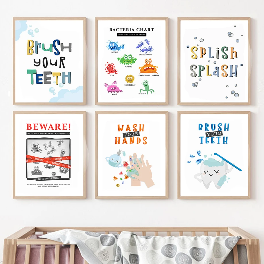 Wash Hand Brush Teeth Bath Germs Bear Fox Shark Wall Art Canvas Painting Nordic Posters And Prints Wall Pictures Kids Room Decor