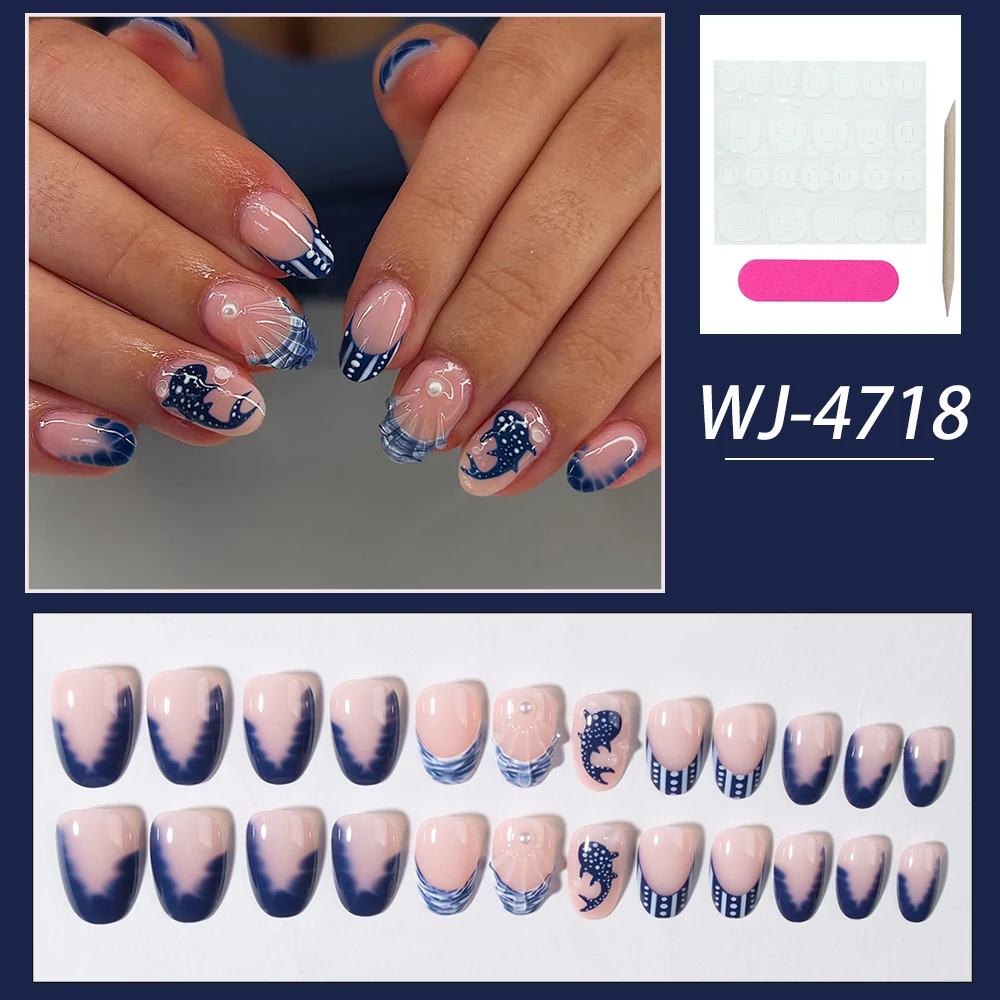 24pcs Almond 3d gel nails Whale pattern Decorate with Pearl blue French Tip Press On Nails ，Ocean style, summer nails, travel view 6
