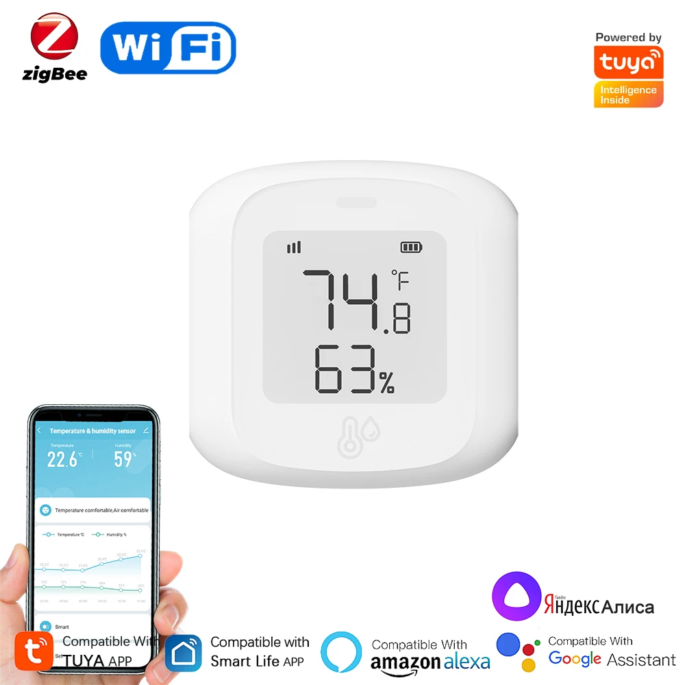 Sensor inteligente de temperatura y humedad para interiores, Monitor de termómetro con pantalla LCD, funciona con Alexa y asistente de Google, Tuya, WiFi/Zigbee