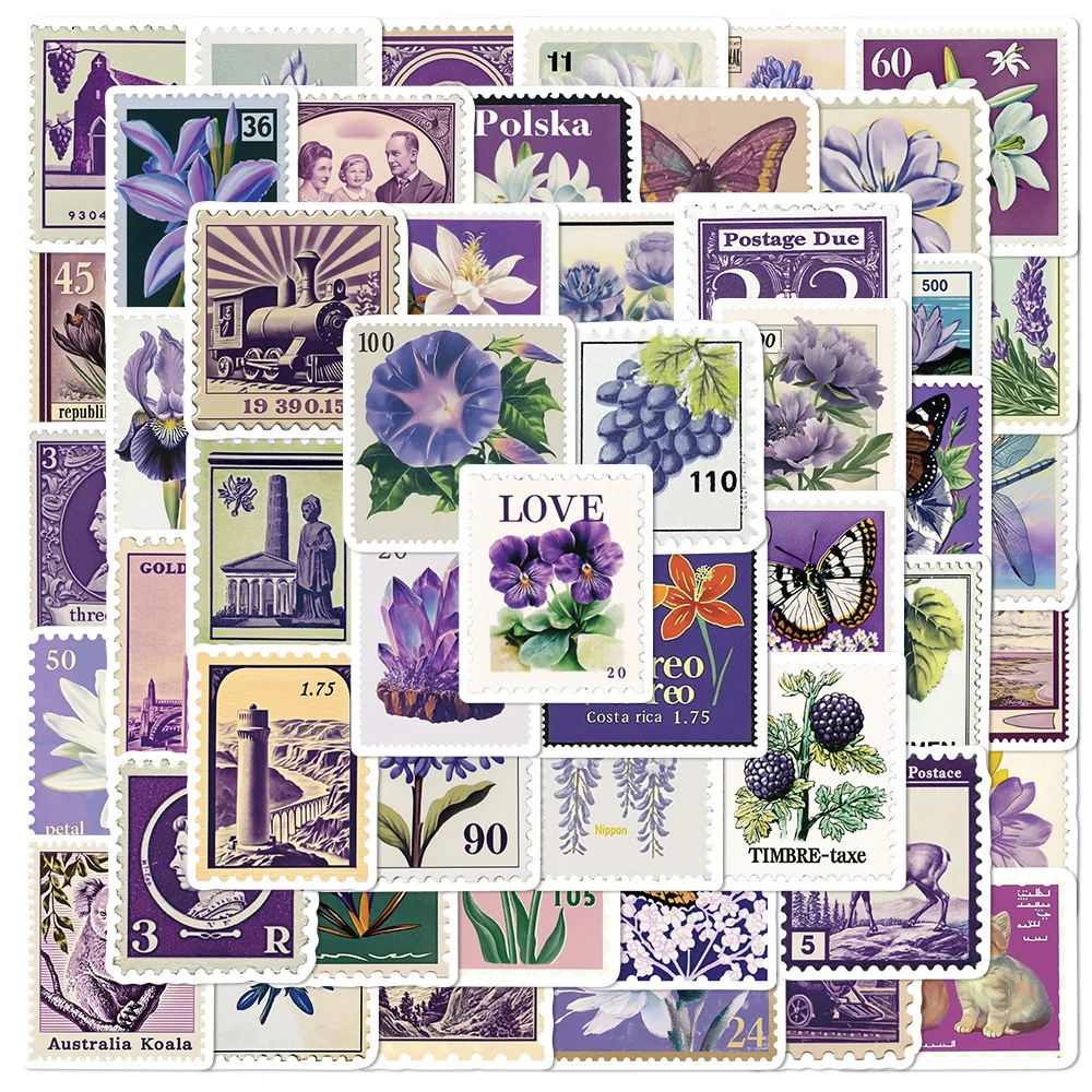 

50PCS Cartoon Purple Retro Stamp Graffiti Sticker Creative Decorative Literary Water Cup Notebook Mobile Phone Case Toys Gifts