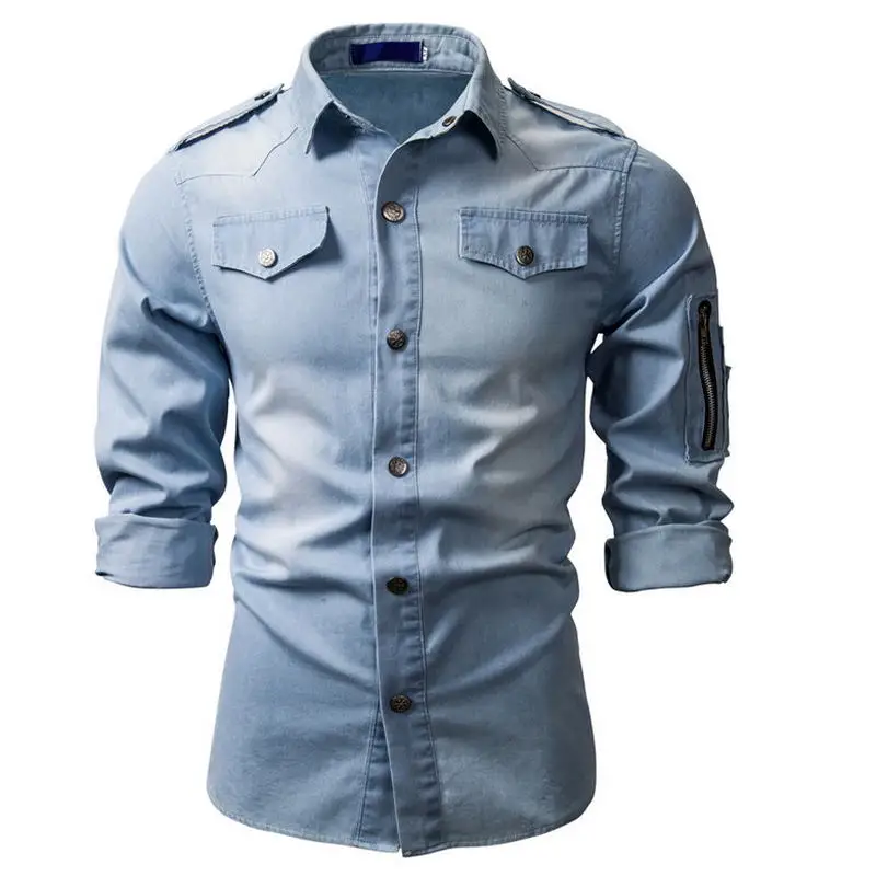 Chemise en denim à col rabattu pour hommes, chemise boutonnée multi-poches, mince, manteau mince, vêtements pour hommes, mode décontractée, nouveau,