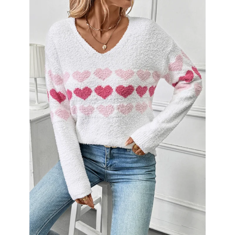 Neuer fauler, romantischer, frischer und süßer Plüsch-Liebesmuster-Langarmpullover mit V-Ausschnitt