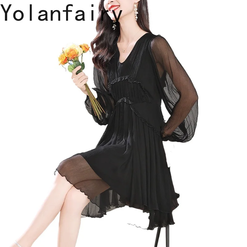YOLANFAIRY 100% فستان حريري التوت الحقيقي للمرأة خريف 2025 فستان أنيق بكم طويل فساتين نسائية موضة فستان أسود