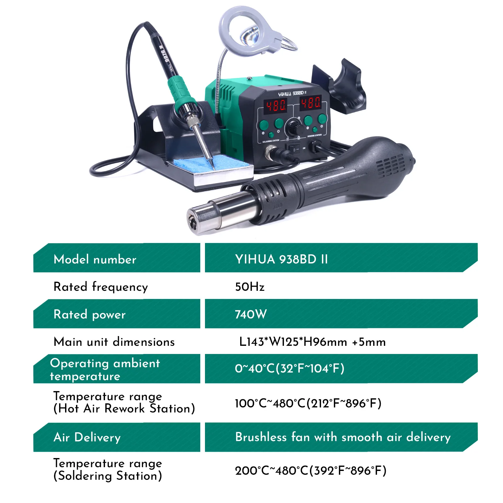 YIHUA 938BD-II 740W Hot Air Gun Rework Station Soldering Iron Solder Station with LED Lamp110v/220V