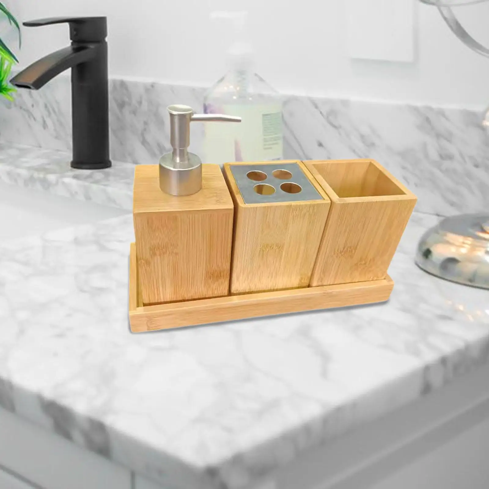 4x Bathroom Accessories Set Bamboo Organizer Toothbrush Holder Tray Mouthwash Cup for Vanity Bathroom Countertop Household Hotel
