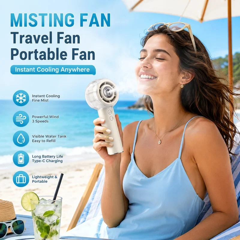 A New Generation Of Spray Portable Handheld Fan 6000mAh Rechargeable Battery, Strong Wind Is Suitable For Travel, Camping, Beach