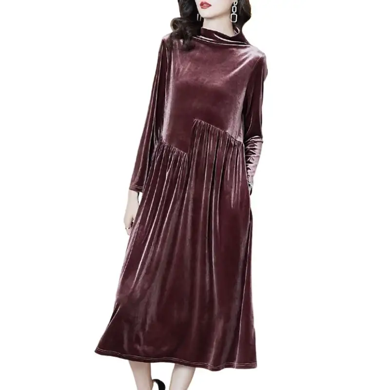 2024 Winter women half turtleneck velvet dress,Autunm elegant brown velvet dress  vintage party dress vestido