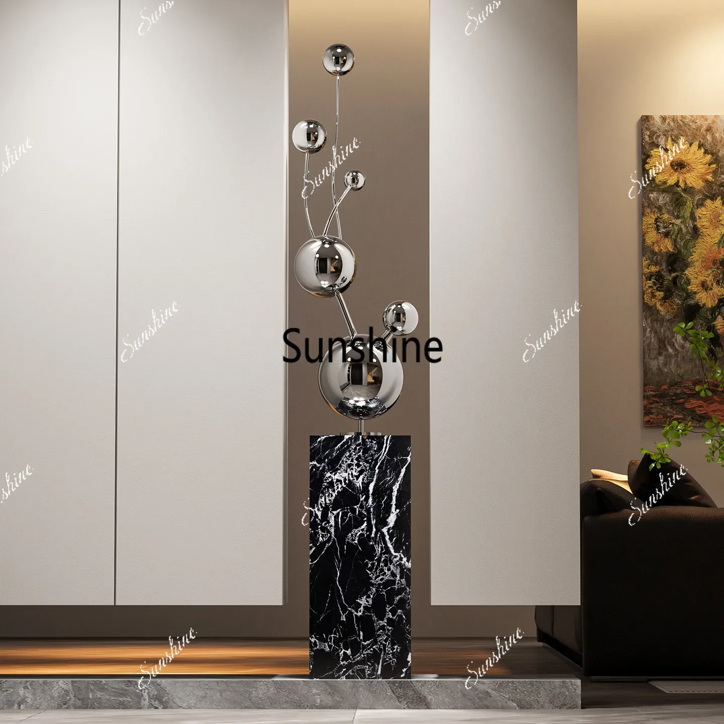 

Modern light luxury stainless steel metal spherical floor ornament TV cabinet artworkTJ