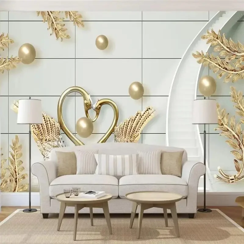 Custom wallpaper luxury 3d mural обои swan gold jewelry rotating staircase background wall high-end jewelry wallpaper home decor