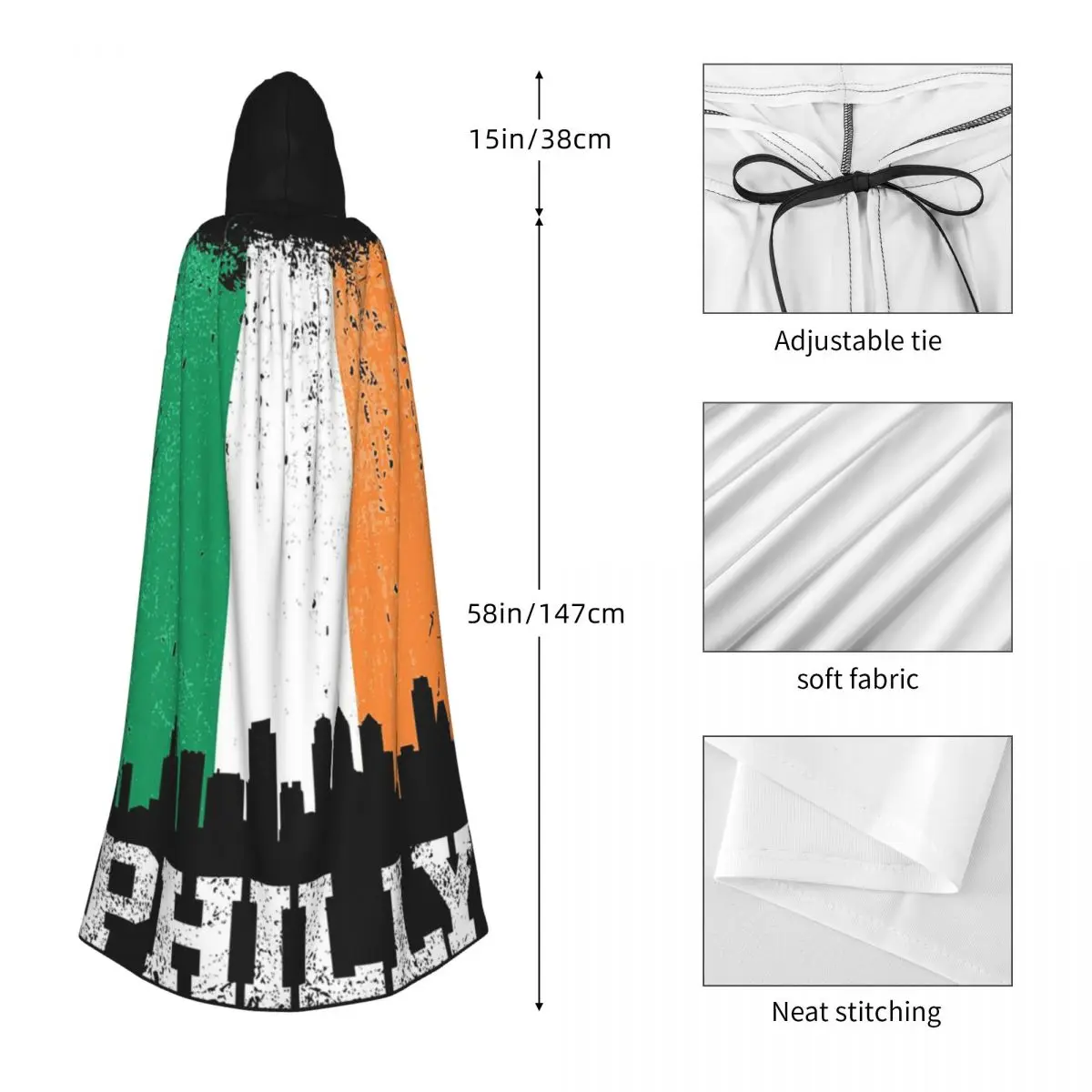 빈티지 필라델피아 아일랜드 국기 필리 스카이라인 프라이드 긴 후드 망토 마녀 중세 의상 코스프레 케이프 할로윈 파티