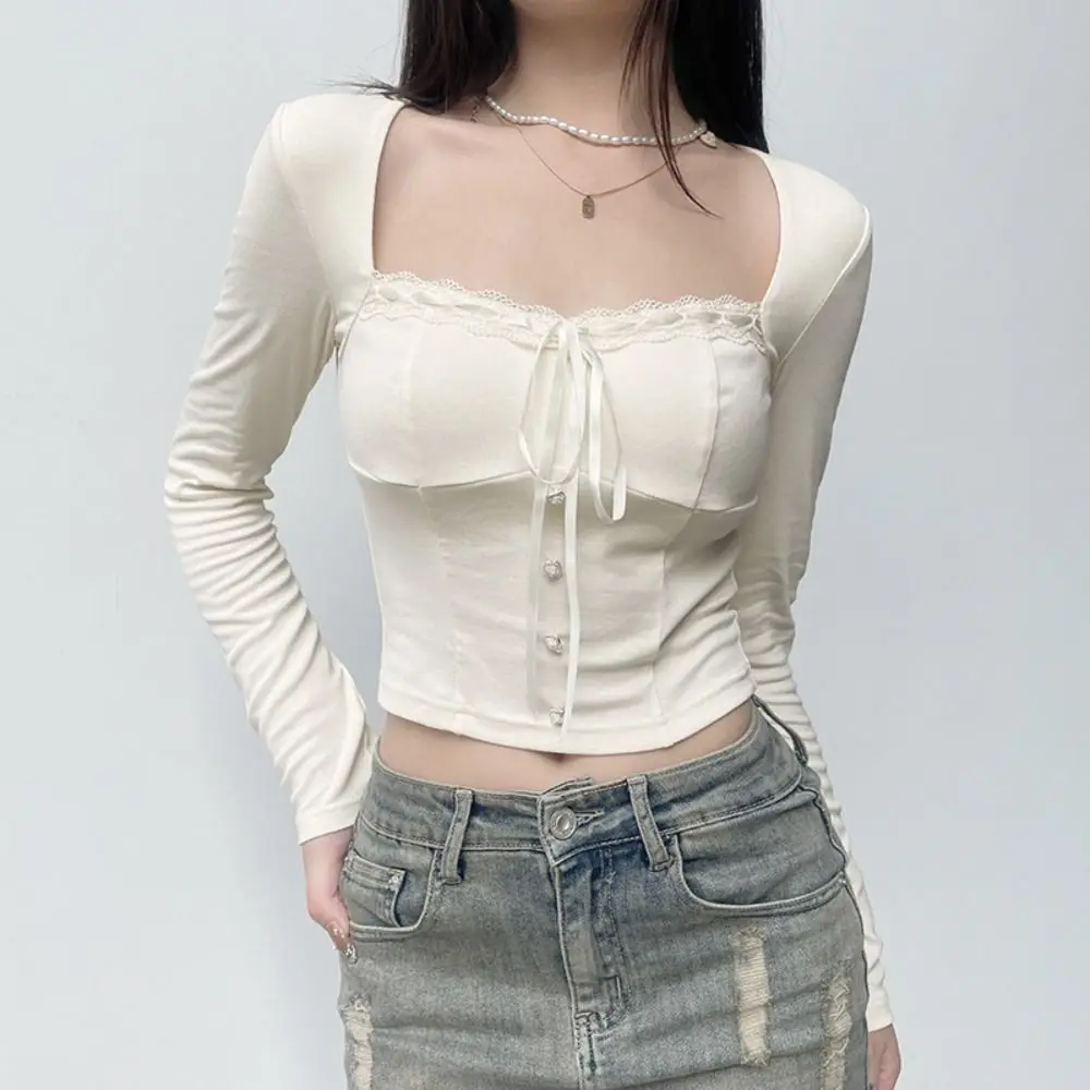 

Elegant White Sexy Crop Top Lace Slim Square Neck T-shirt Bow Korean Style Skinny Crop Top Women