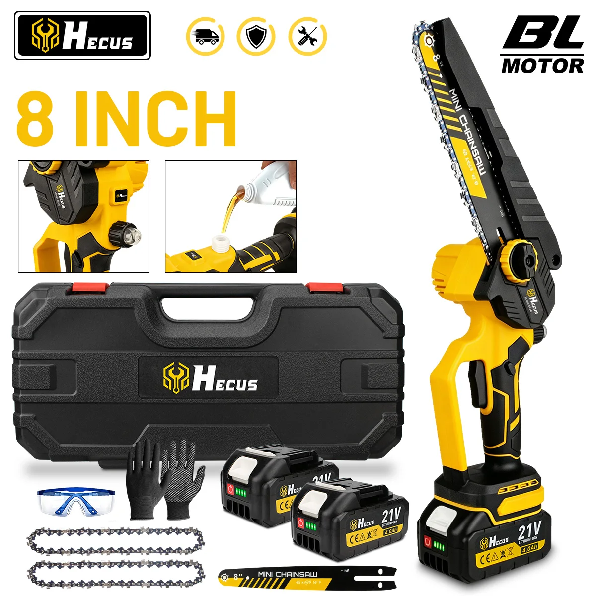 Hecus Bürstenlose 8-Zoll-Elektrokettensäge, kabellos, für Holzbearbeitung, Garten, Schneiden, Beschneiden, Säge, Elektrowerkzeug für Makita 18-V-Batterie