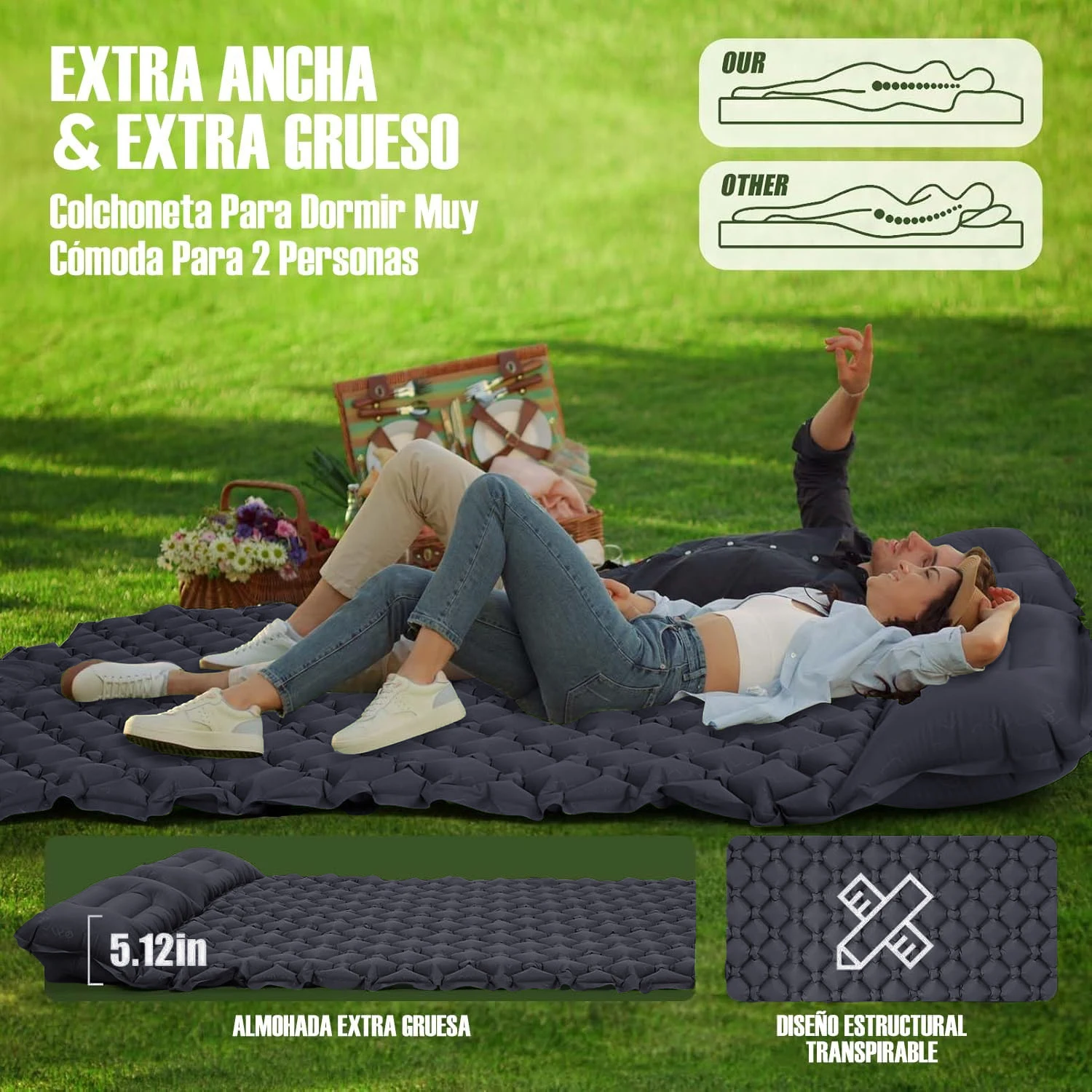 ダブル11ホットセール！-二人用ダイヤモンド型インフレータブルマットレス、足踏み式インフレーター付き、アウトドアキャンプやハイキングに最適