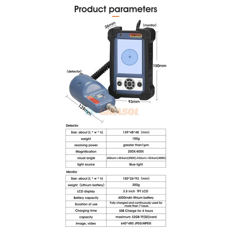 AUA-400 Fiber Optic Inspection Microscope Scope Probe Support UPC And APC With 3.5 Inch Display Screen Monitor FTTH