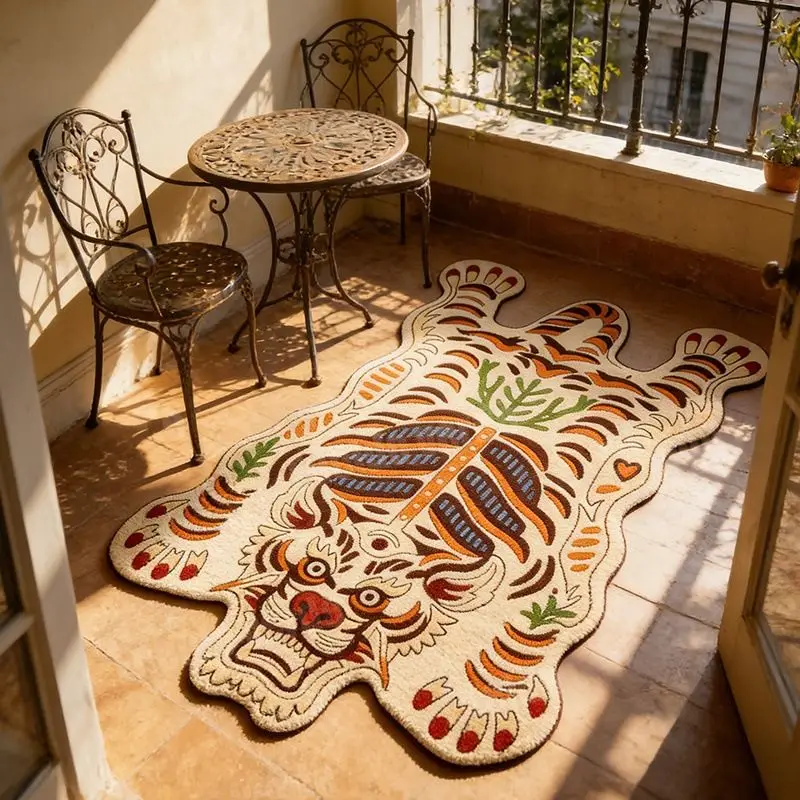VIKAMA Wear Resistant Retro Tattoo Tiger Skeleton Shaped Rug Soft Plush Flannel Indoor Anti Slip Decor Mat
