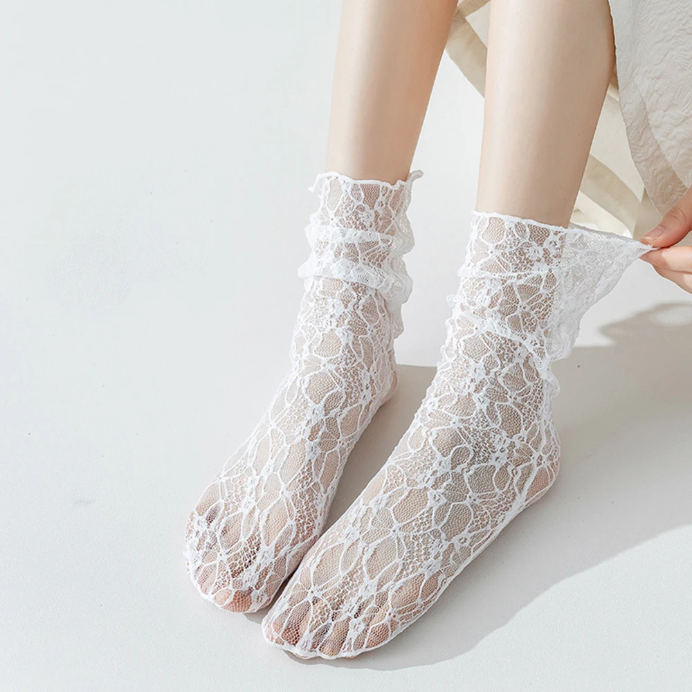 1 Pair Woman Breathable Transparent Floral Lace Sock Sweet Lolita JK Mesh Fishnet Sock Soft Thin Breathable Slouch Girls Socks