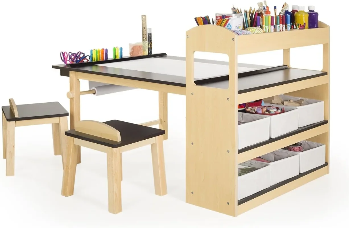 Guidecraft Deluxe Art Center: Kids' Montessori Art Table and Chairs Set with Storage Shelves, 6 Fabric Bins, Paper Roll