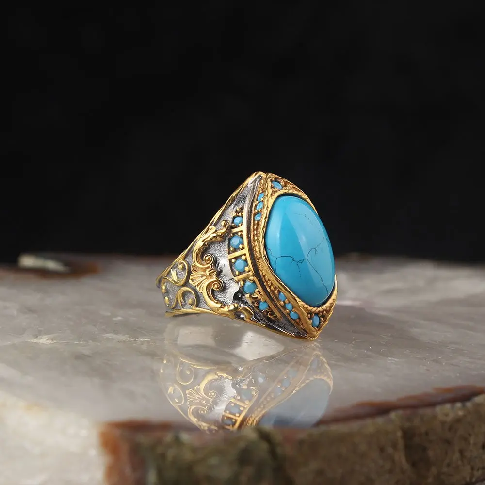 

Rhodium Plated Turquoise Stone 925 Sterling Silver Men's Ring