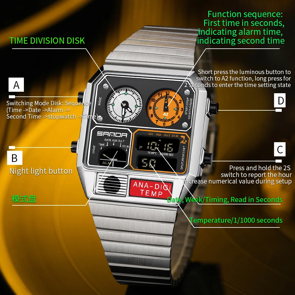 Reloj de pulsera Digital cuadrado electrónico SANDA para hombre, cronómetro con medición de temperatura de acero inoxidable, alarma, calendario, reloj deportivo