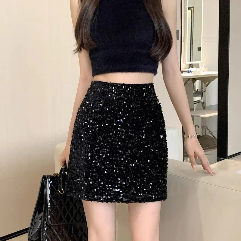 ZHUANQING Black Mini Sequin Skirt Women Korean Fashion Sexy High Waist Slim A-line Silver Short Skirt with paillettes Party Club