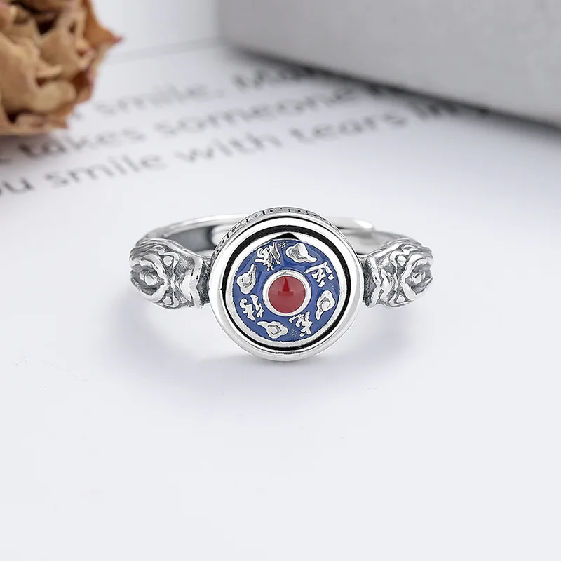 Ethnic Style Dragon Anti Stress Cool Open Rings For Men Enamel Good Luck Mantra Buddhist Talisman Ring Metaphysical Jewelry