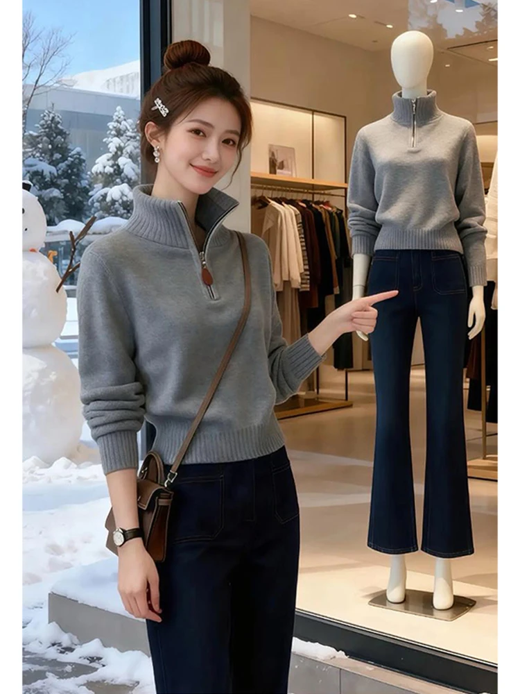 

Trendy Knitted Sweater Women's Winter ort f Zip Casual Loose Fit Breathable Color Faionable Small Size Friendly