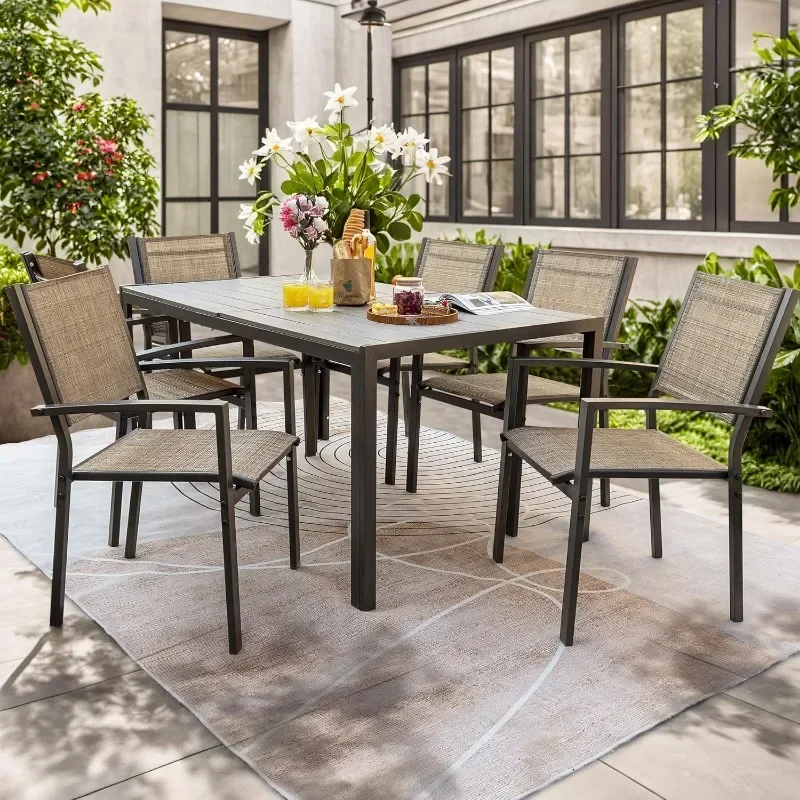 Ensemble de salle à manger d'extérieur avec table à degrés météo et 6 chaises en textilène pour cour, pont, marron, 7 pièces