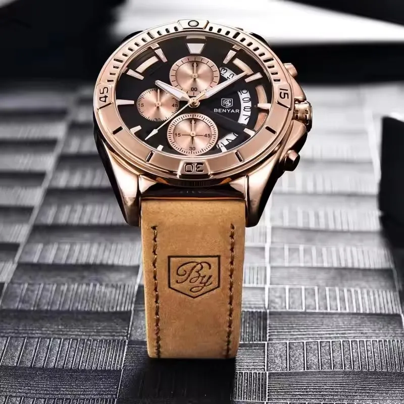 BENYAR 5180 ساعة رياضية للرجال كوارتز كرونوغراف رجالي مقاوم للماء تاريخ ساعة زرقاء الأعمال العسكرية الفاخرة ساعة Reloj Hombre
