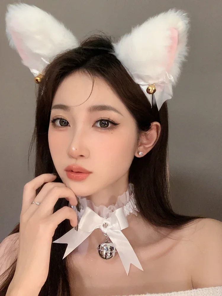 Sexy Women Cat Ears Headband for Girls Lace Bow Necklace Plush Bell Hairband Cosplay  Masque-Party Costume Hair Accessories