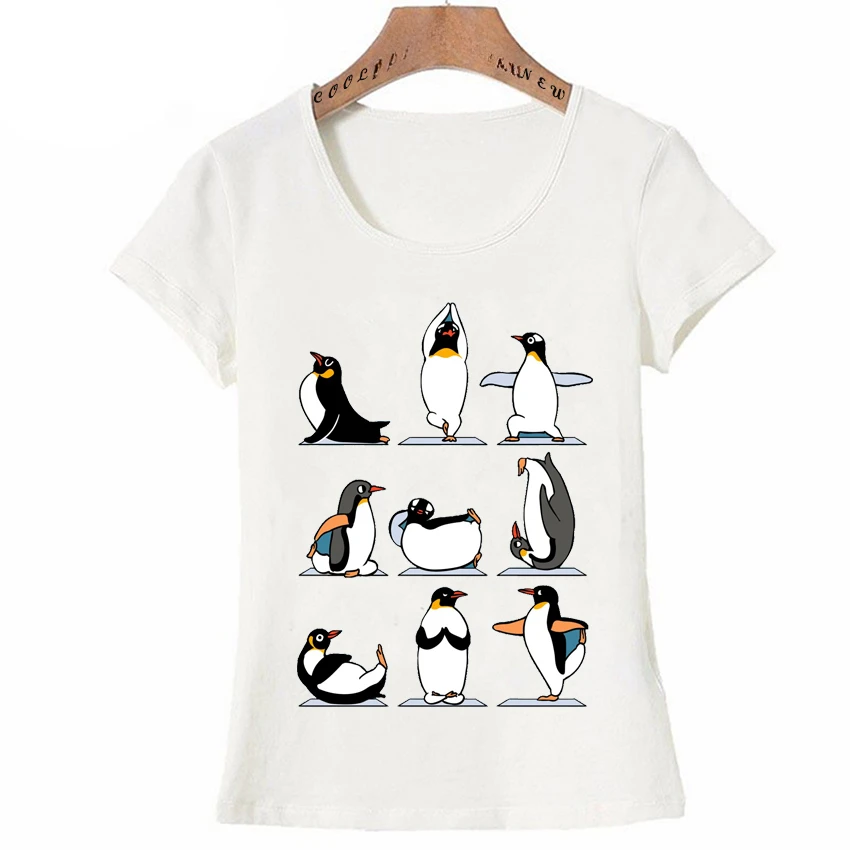 Funny Penguin Yog a Print T-Shirt Hip Hop Fashion Women Short Sleeve Cute Girl Casual Tees Naughty Lovely Penguin Art White Tops