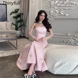 Thinyfull Mermaid 3D Flower Arab Prom Dresses Strapless Sleeveless Satin Evening Gown Dubai Special Occasion Dress Customized