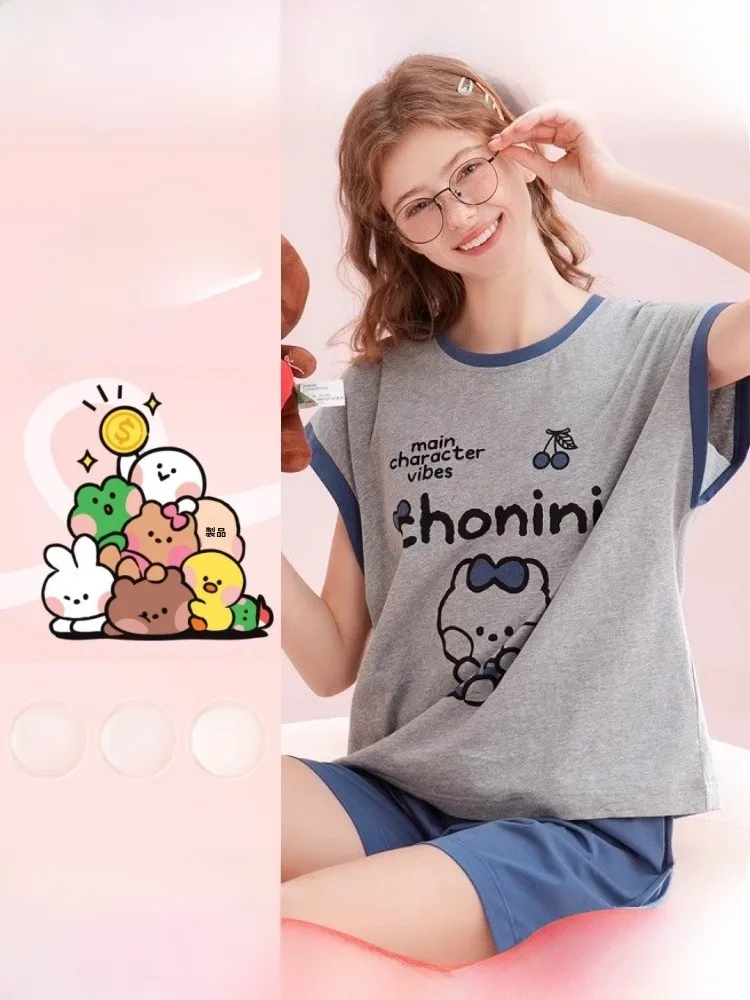 fenteng-women's-summer-sleepwear-set-pure-cotton-round-neck-short-sleeve-brown-bear-cute-loose-home-clothes-comfortable-shorts