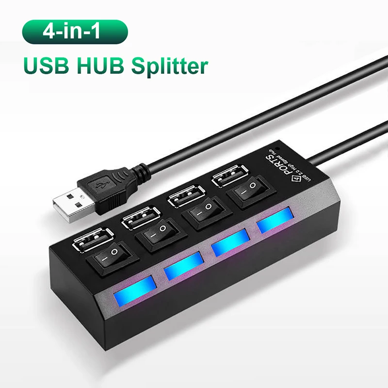 4 Ports Usb Hub 2.0 Hub Usb Splitter Multi Usb Hub 2.0 Hab Power Adapter Extensor Computer Accessories with Switch Usb For Home