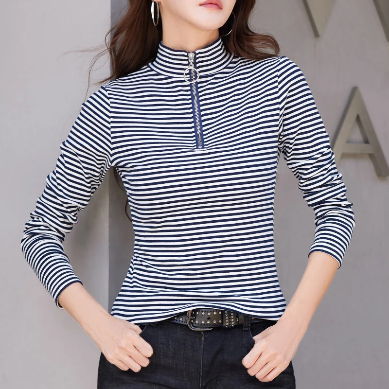 Women Korean Fashion Stand Collar Half Zipper Striped Cotton Basic T-shirt Casual Long Sleeve Slim Pullover Tops Ropa De Mujer