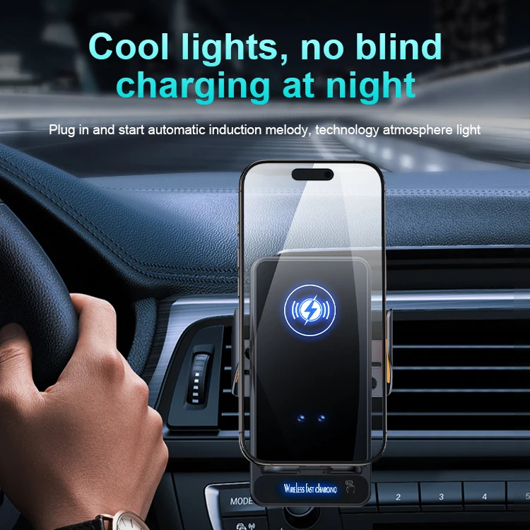 Car Phone Holder With Dual Charging Cables Wireless Charger Mount Car Smart Sensing Automatic Clamping For Samsung iPhone Xiaomi